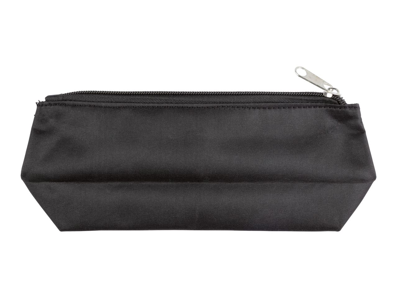 A black pencil case with a silver zipper on a white background.