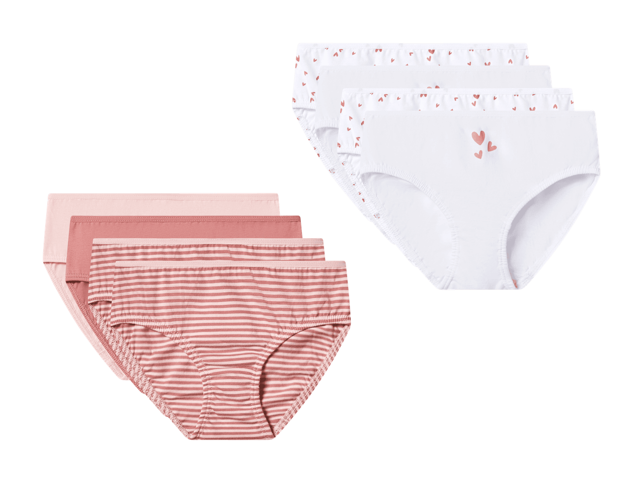 Culottes en coton pour filles, 3 blanches à cœurs et 3 roses unies et rayées.