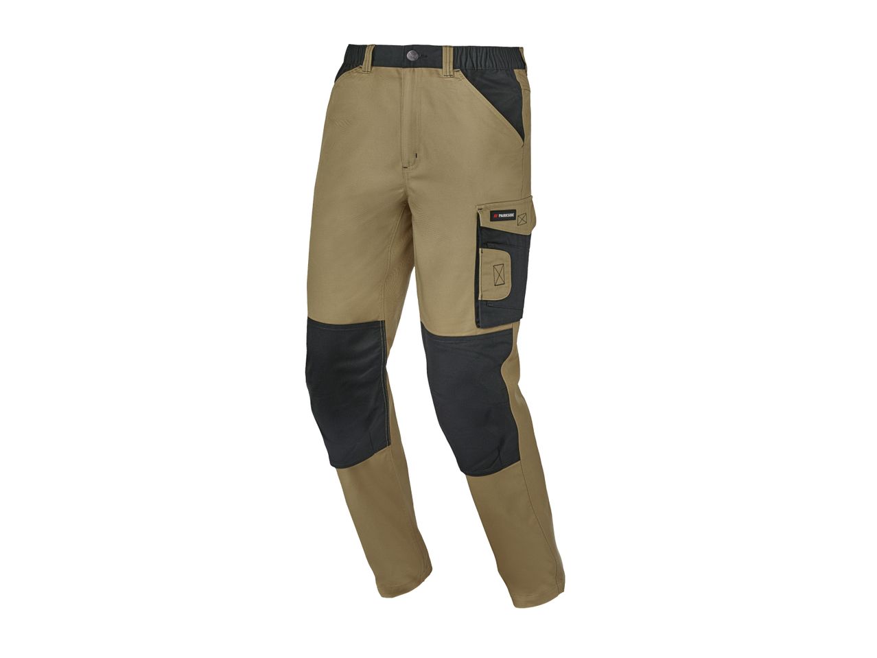 Parkside men's work trousers in beige and black with cargo pockets.