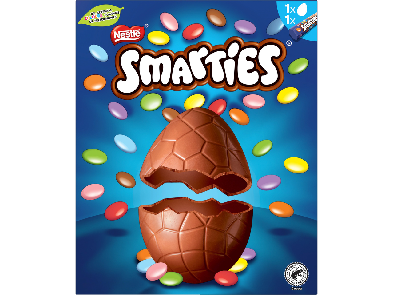 Nestlé Smarties Large Egg with a cracked chocolate egg and colorful Smarties.