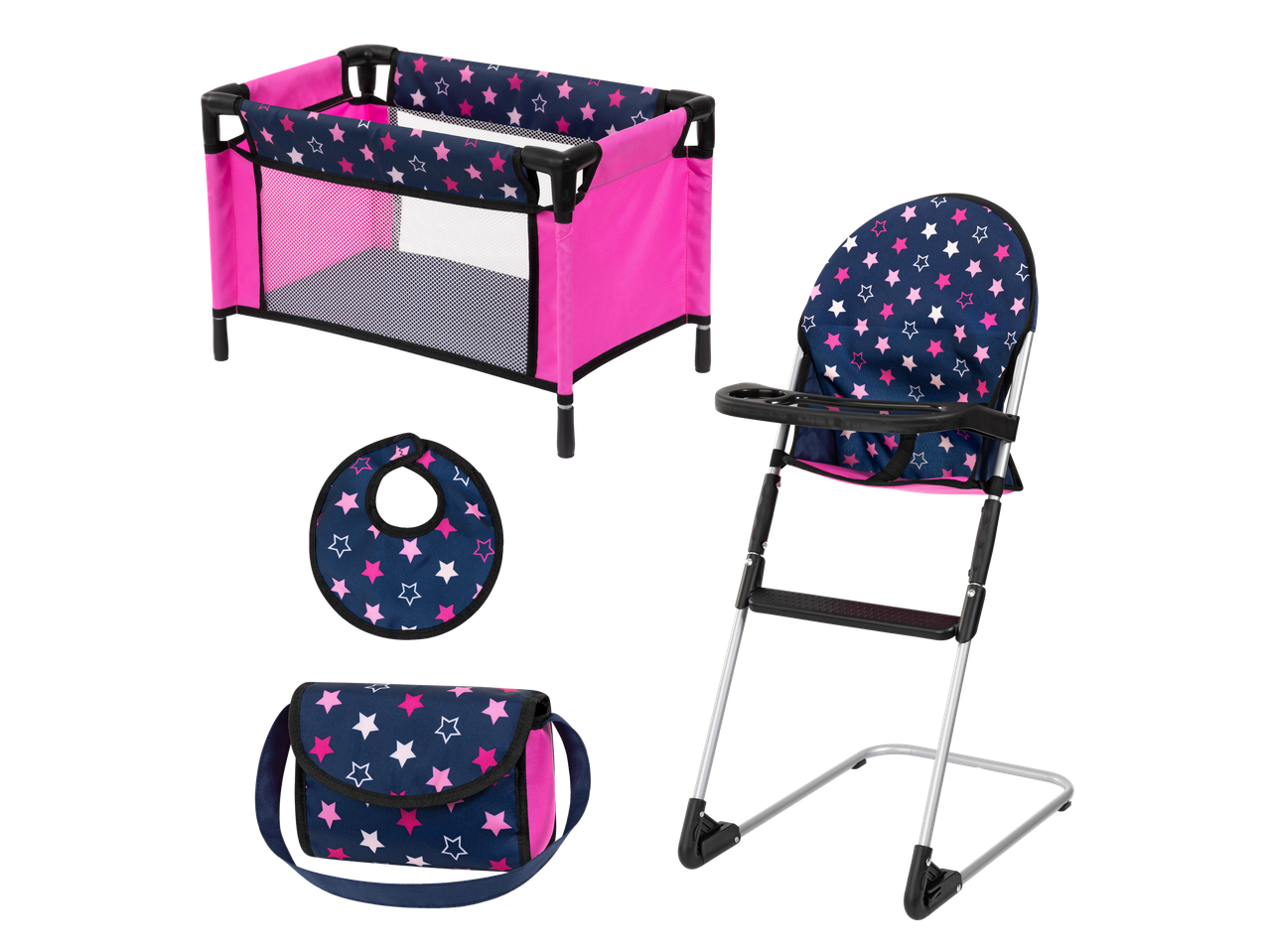 Bayer® mängukomplekt voodi, söögitooli, rinnatüki ja tähemustriga mähkmekotiga.