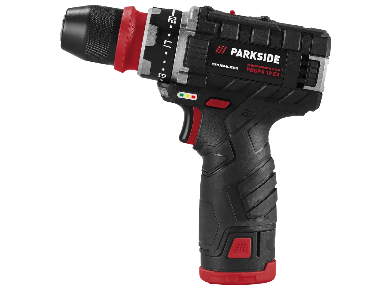 Акумулаторна бормашина с безчетков мотор, черна с червени акценти, с патронник и регулатор на въртящия момент.