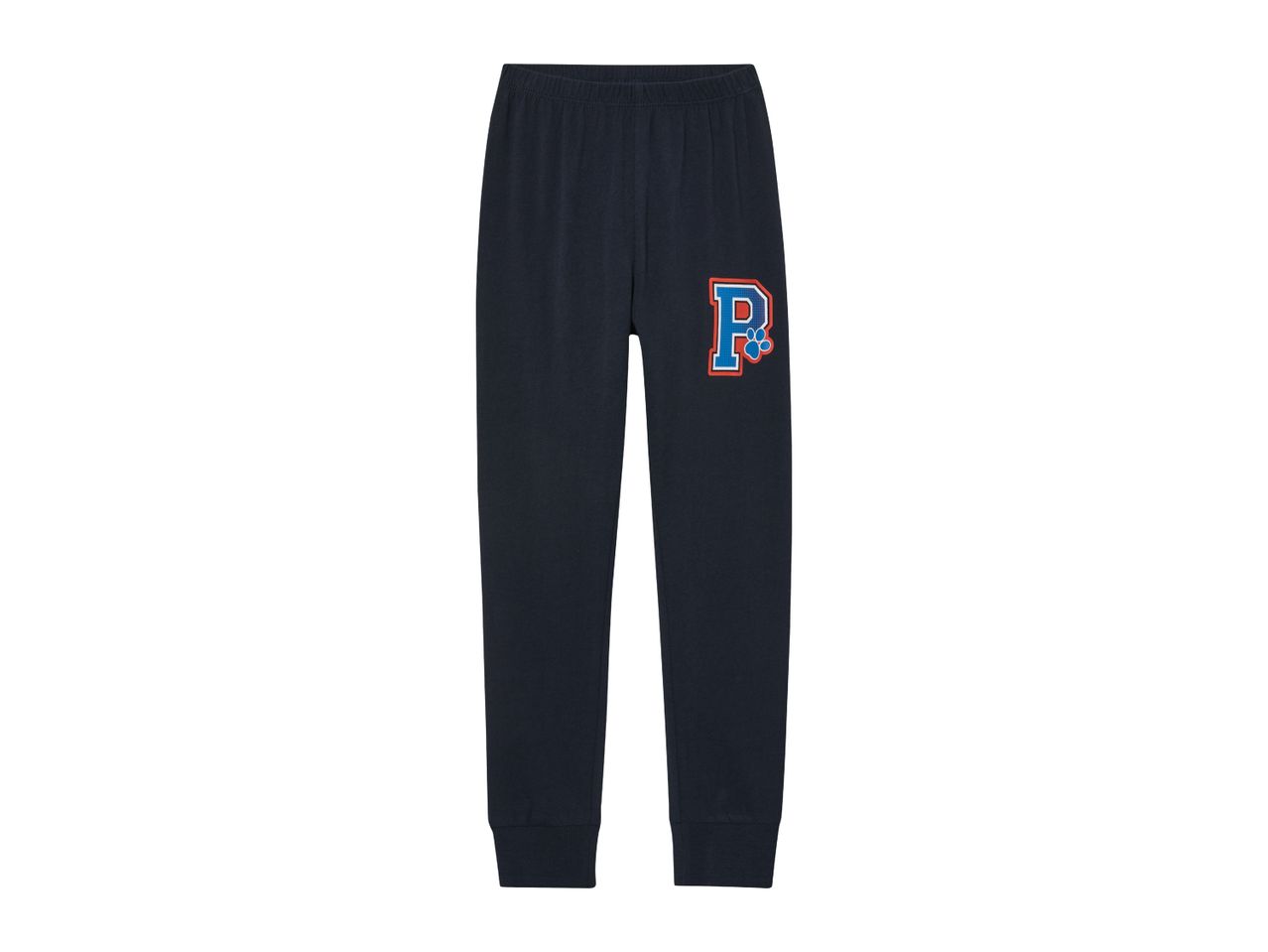 Dark blue children's joggers with a large blue and red letter 'P' and a paw print.