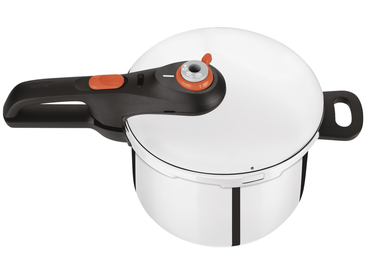 Бяла тенджера под налягане Tefal с черна дръжка и оранжеви детайли.