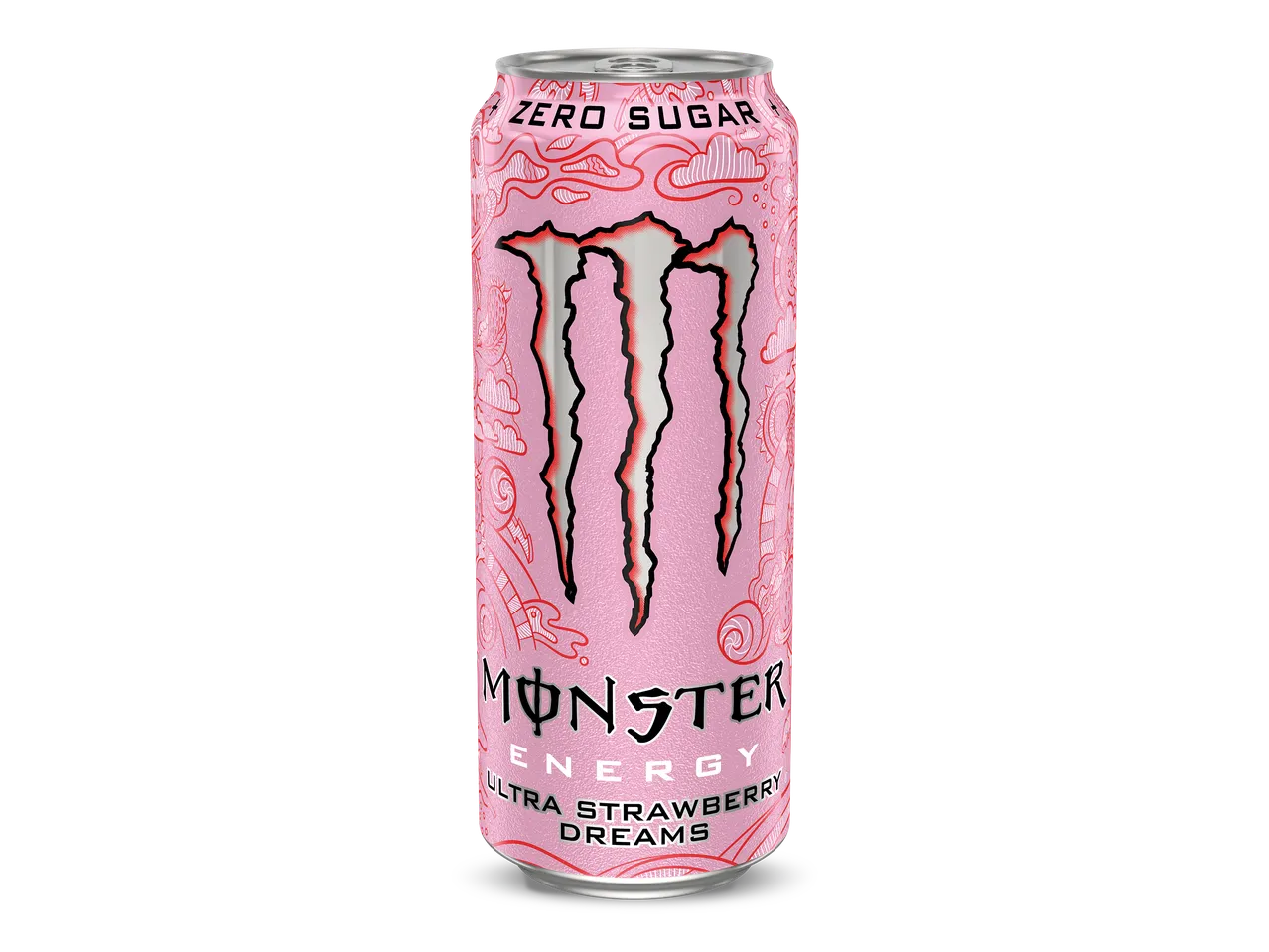 Roze energiedrankje met 'Zero Sugar' en 'Ultra Strawberry Dreams' tekst.