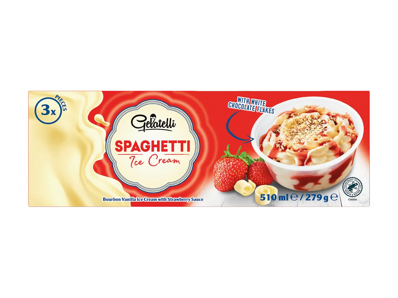 Spaghetti ice cream with vanilla, strawberry sauce, and white chocolate flakes, 3 pieces.