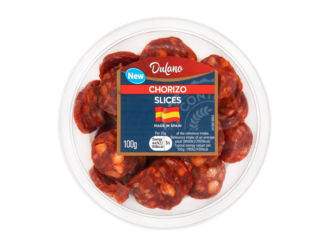 Dulano Spanish chorizo slices in a clear container.