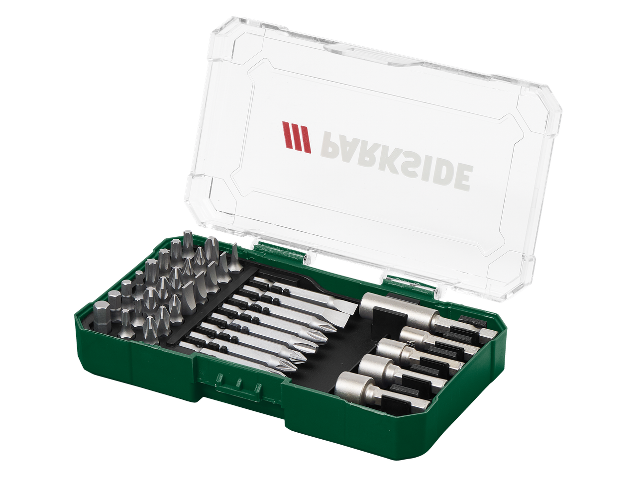 Open green and clear plastic case with a variety of silver screwdriver bits and nut setters.