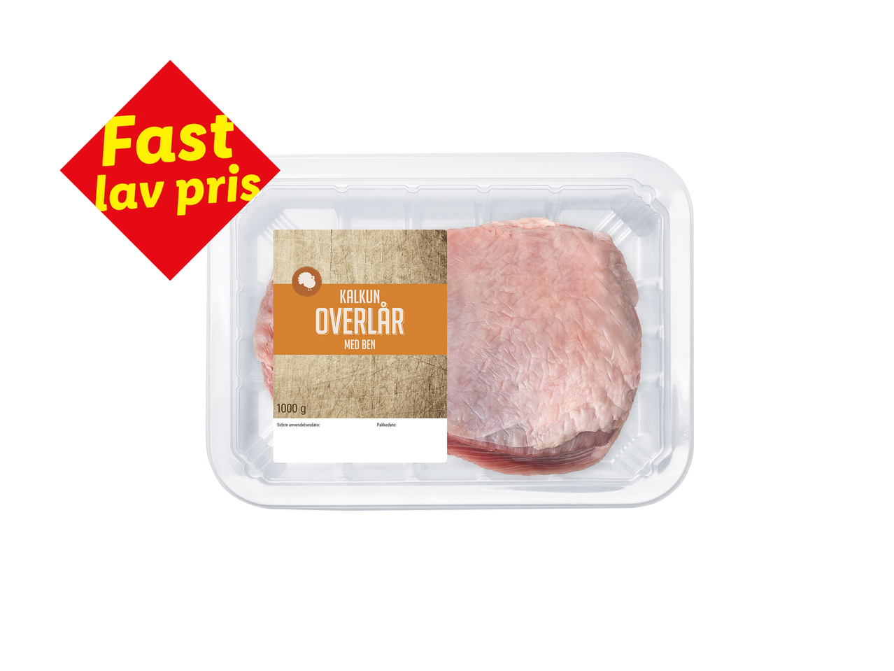 Pakke med kalkunoverlår med ben, mærket 'Fast lav pris'.