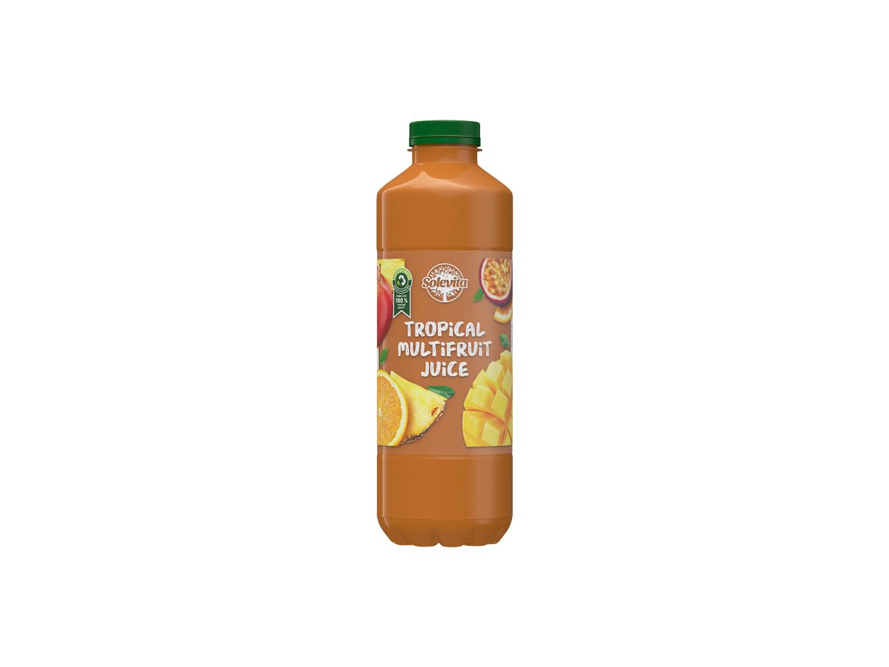 Solevita Tropical Multifruit Juice -pullo, jossa on hedelmiä, kuten mangoa, ananasta ja appelsiinia.