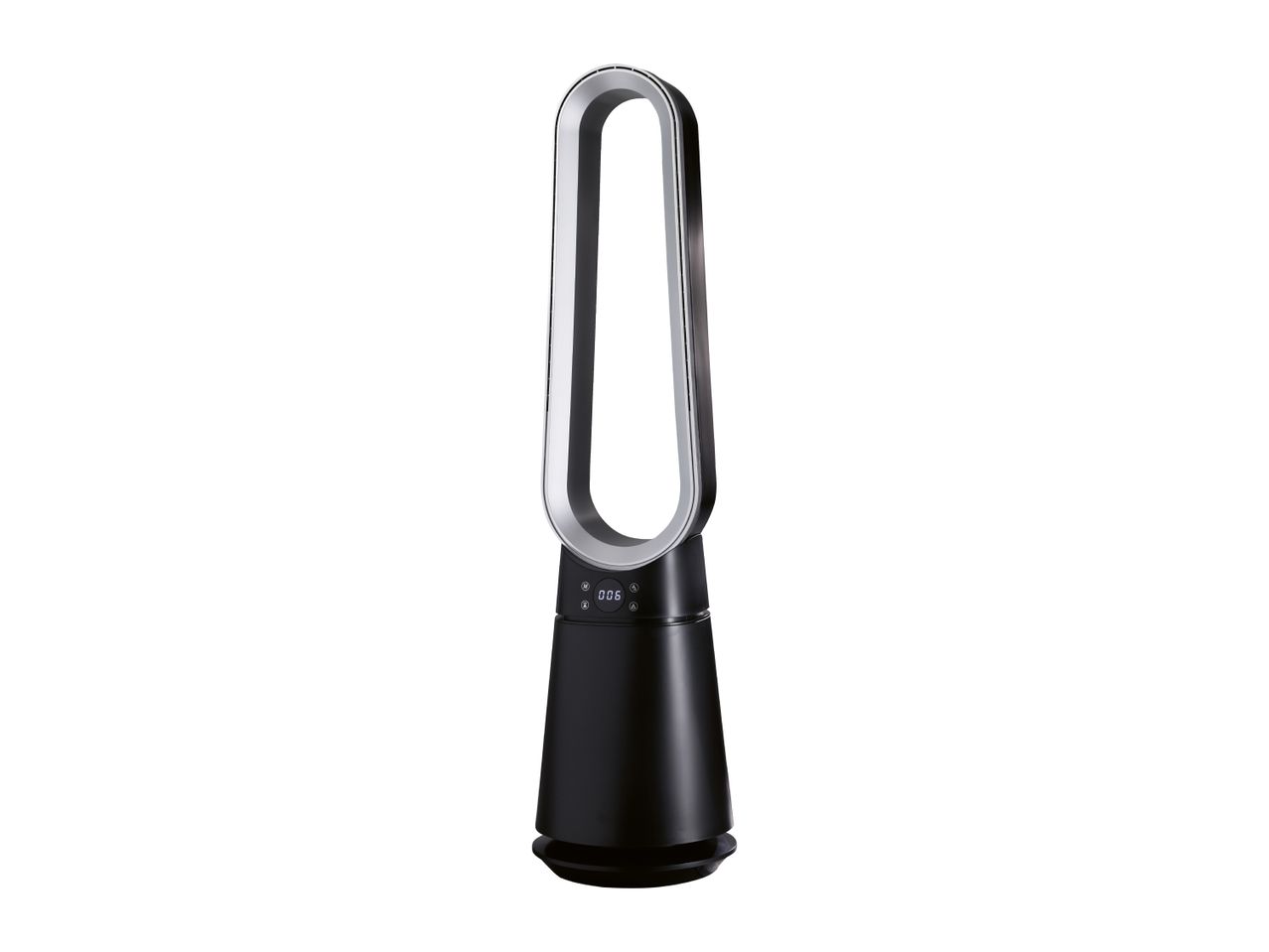 Black and silver bladeless tower fan with a digital display showing '006'.