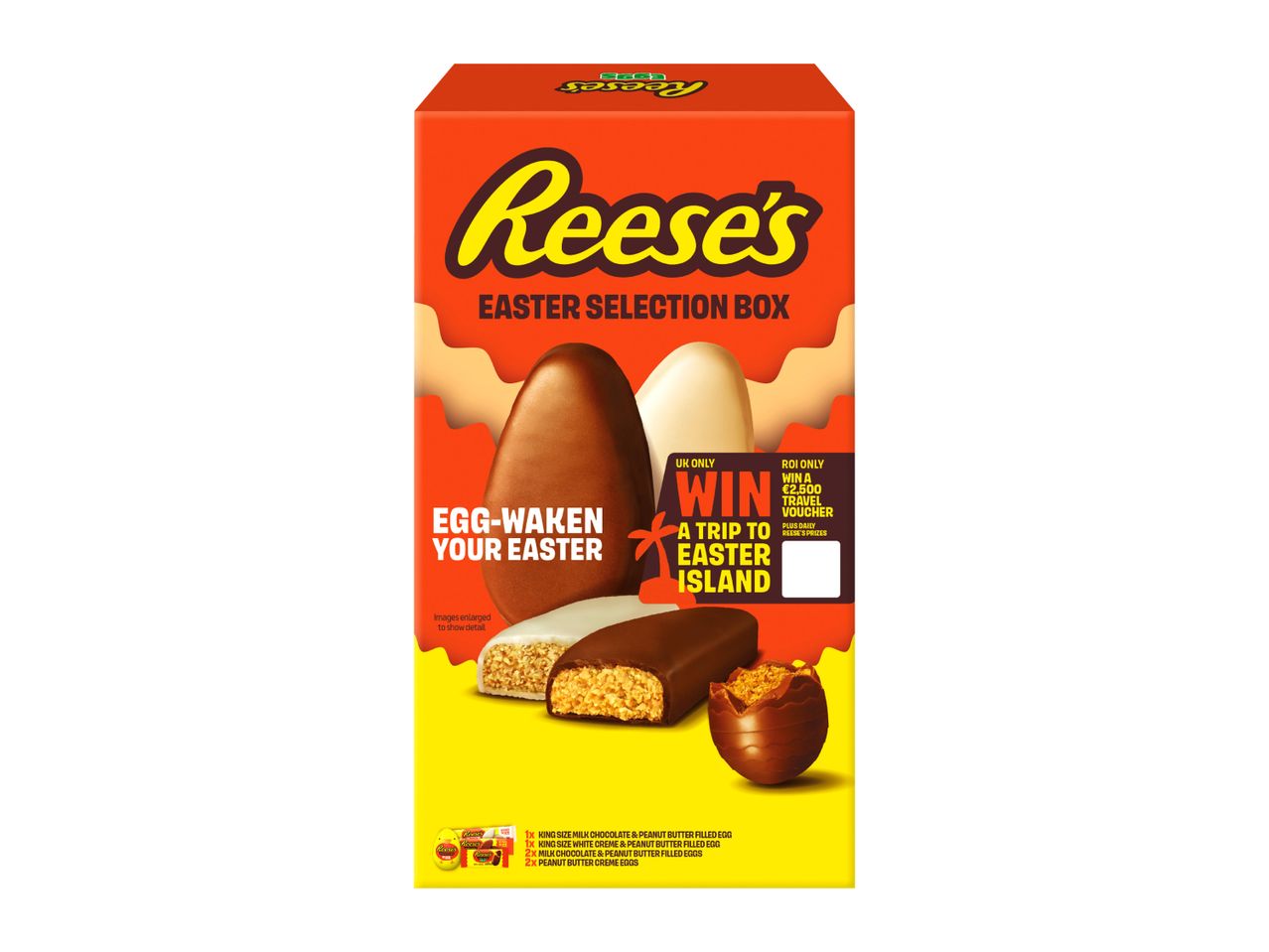 Easter selection box with chocolate and peanut butter eggs, promoting a trip to Easter Island.
