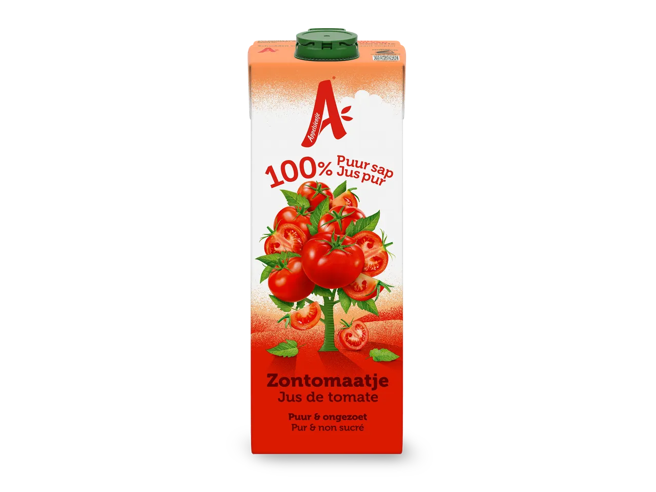 Pak tomatensap met een illustratie van tomaten aan een boom en de tekst '100% Puur sap'.