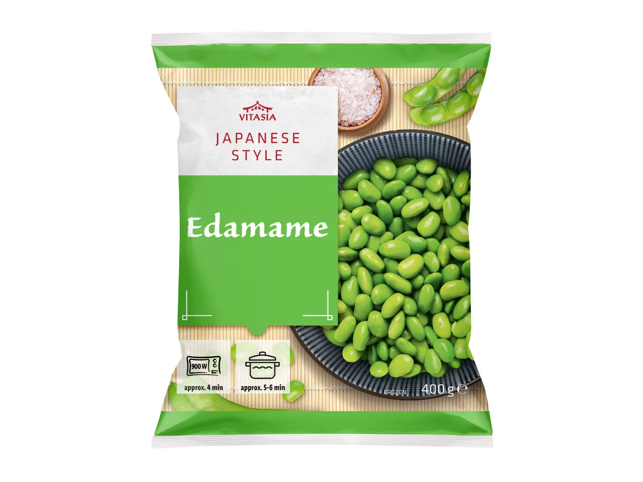 Japanese style edamame in a bag, with cooking instructions and a bowl of edamame.