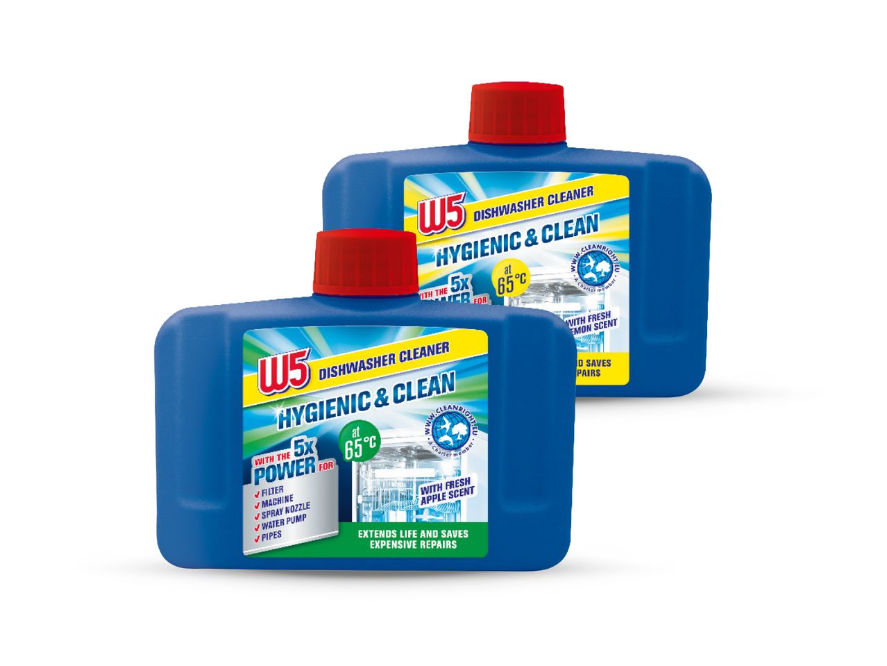 Dva plava W5 sredstva za čišćenje perilice posuđa s crvenim čepovima i etiketama 'Hygienic & Clean'.