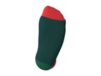 Dark green sock with a red cuff and heel, and a green toe.