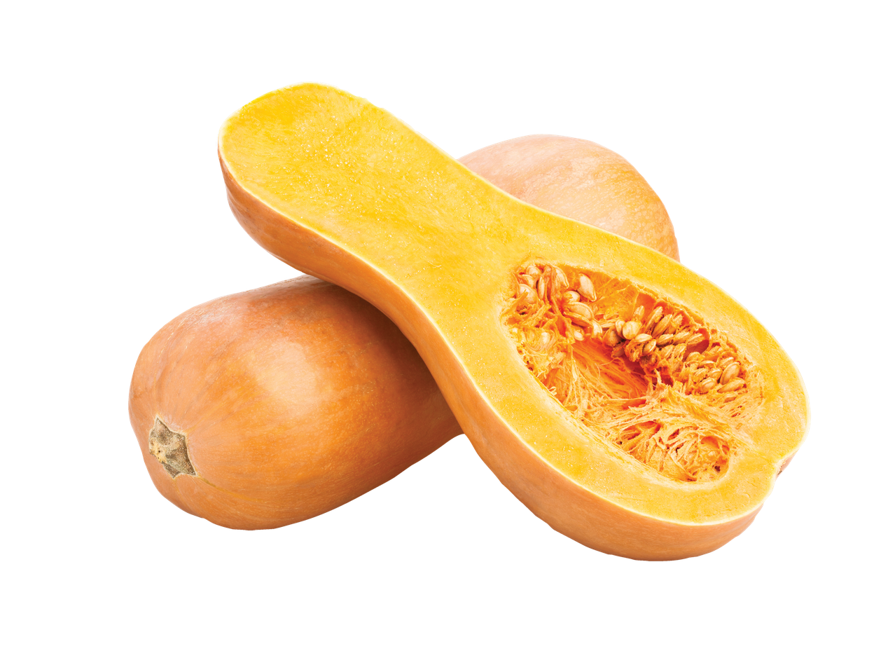 Abóbora-menina cortada ao meio com sementes visíveis e uma abóbora inteira.