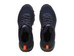 Dark blue men's hiking shoes with orange details, top view