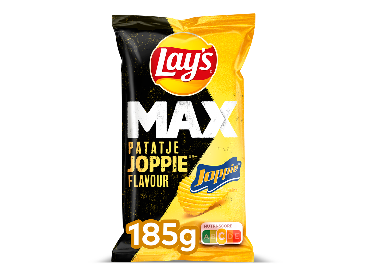Een zak geribbelde chips met de smaak van Joppie saus, 185g, met Nutri-Score C.