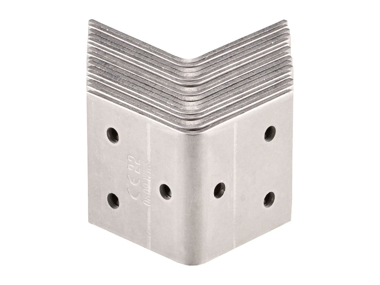 Stack of metal corner brackets with pre-drilled holes