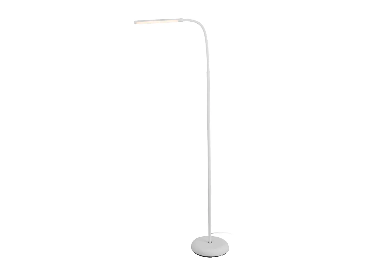 White LED floor lamp with a curved neck and a round base, emitting warm light.