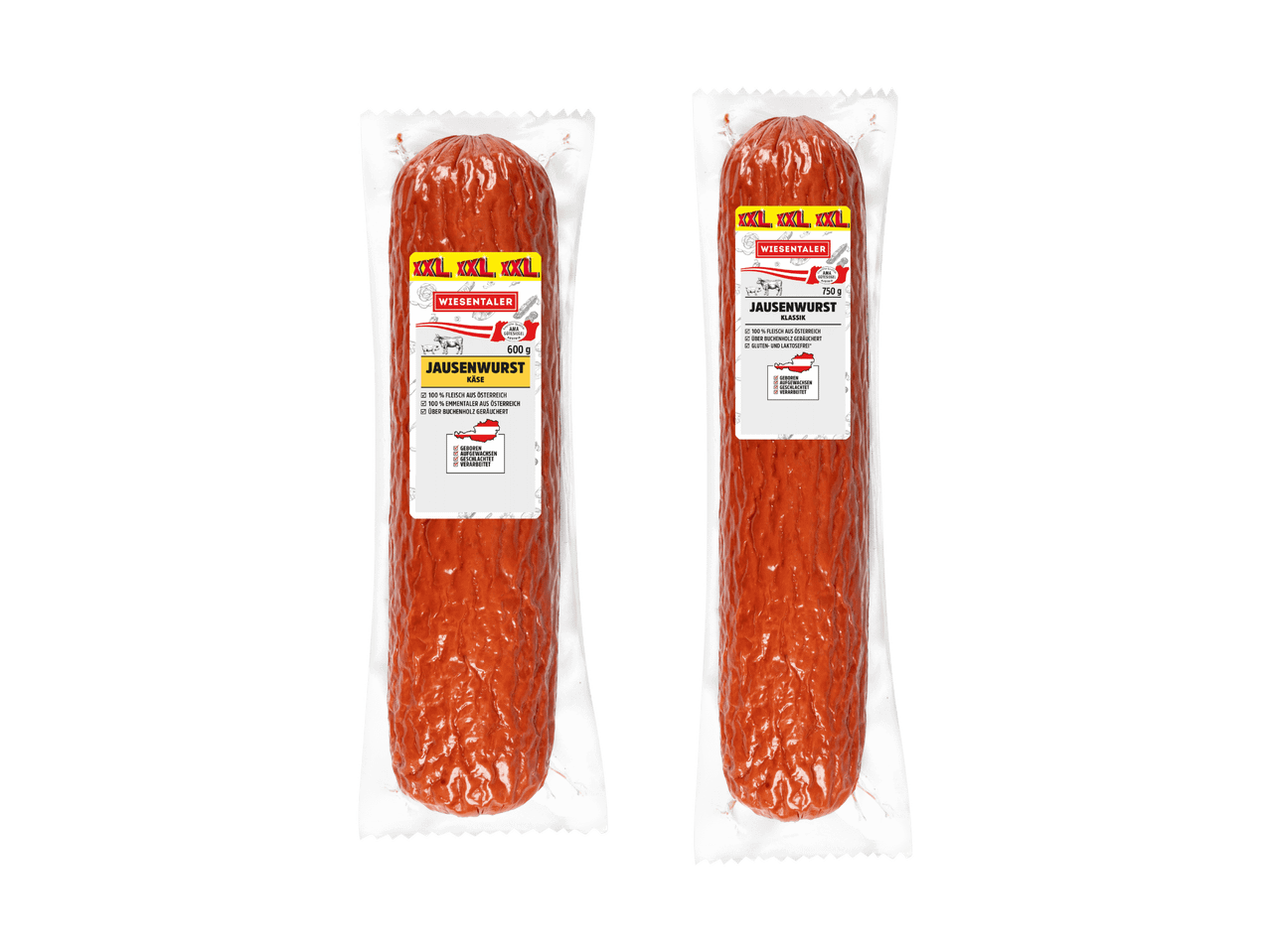 Zwei Packungen Wiesentaler Jausenwurst, eine mit Käse (600g) und eine Klassik (750g).