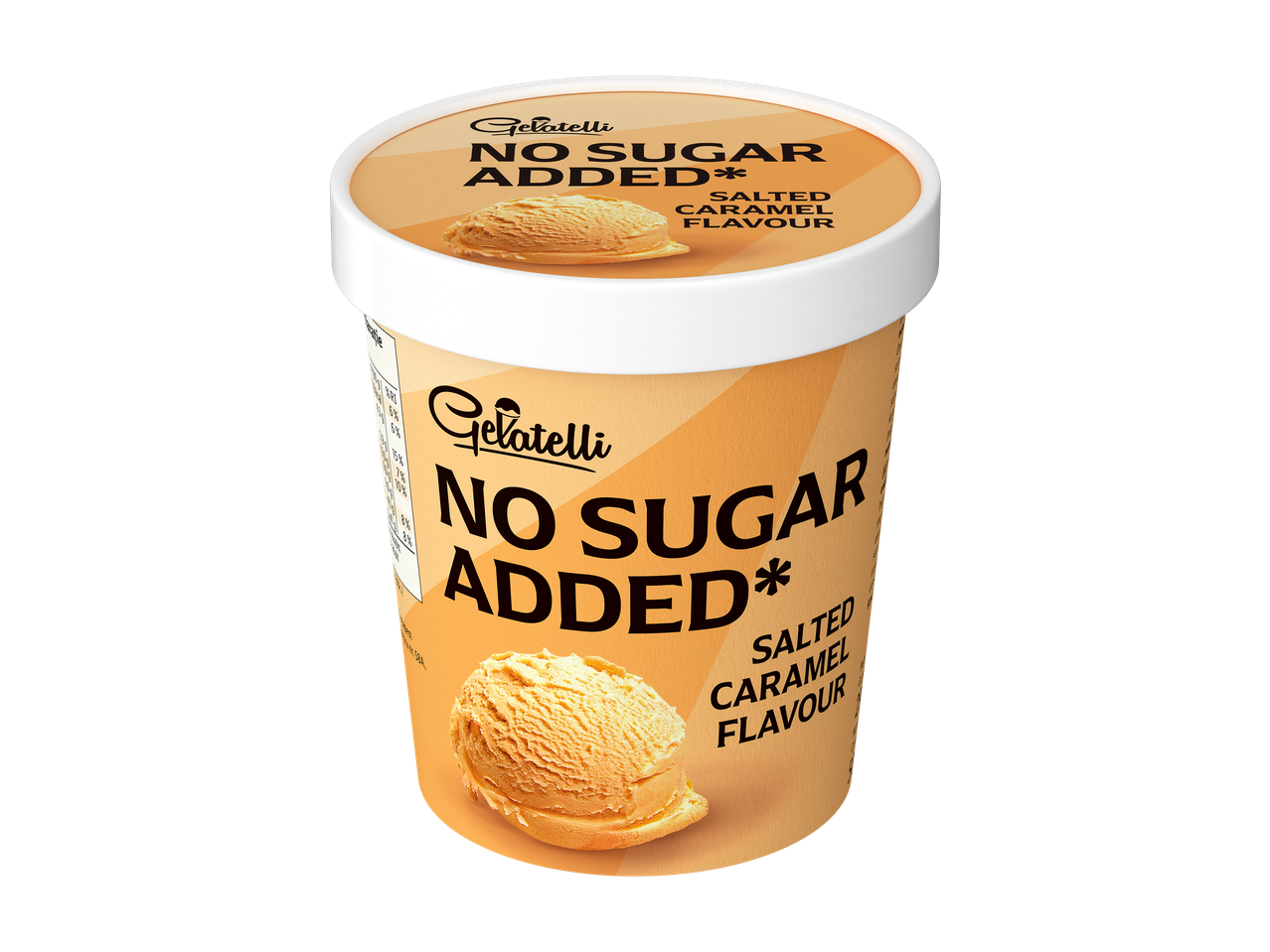Înghețată GELATELLI cu aromă de caramel sărat, fără zahăr adăugat.