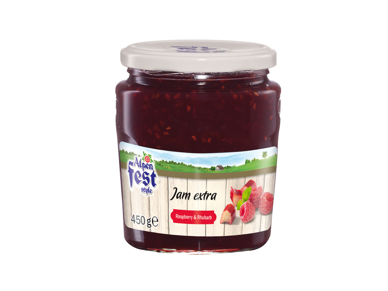 Pot frambozen- en rabarberjam met een landelijk thema op het etiket, 450g.