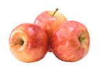 Three fresh red and yellow apples with stems, arranged closely together on a white background.