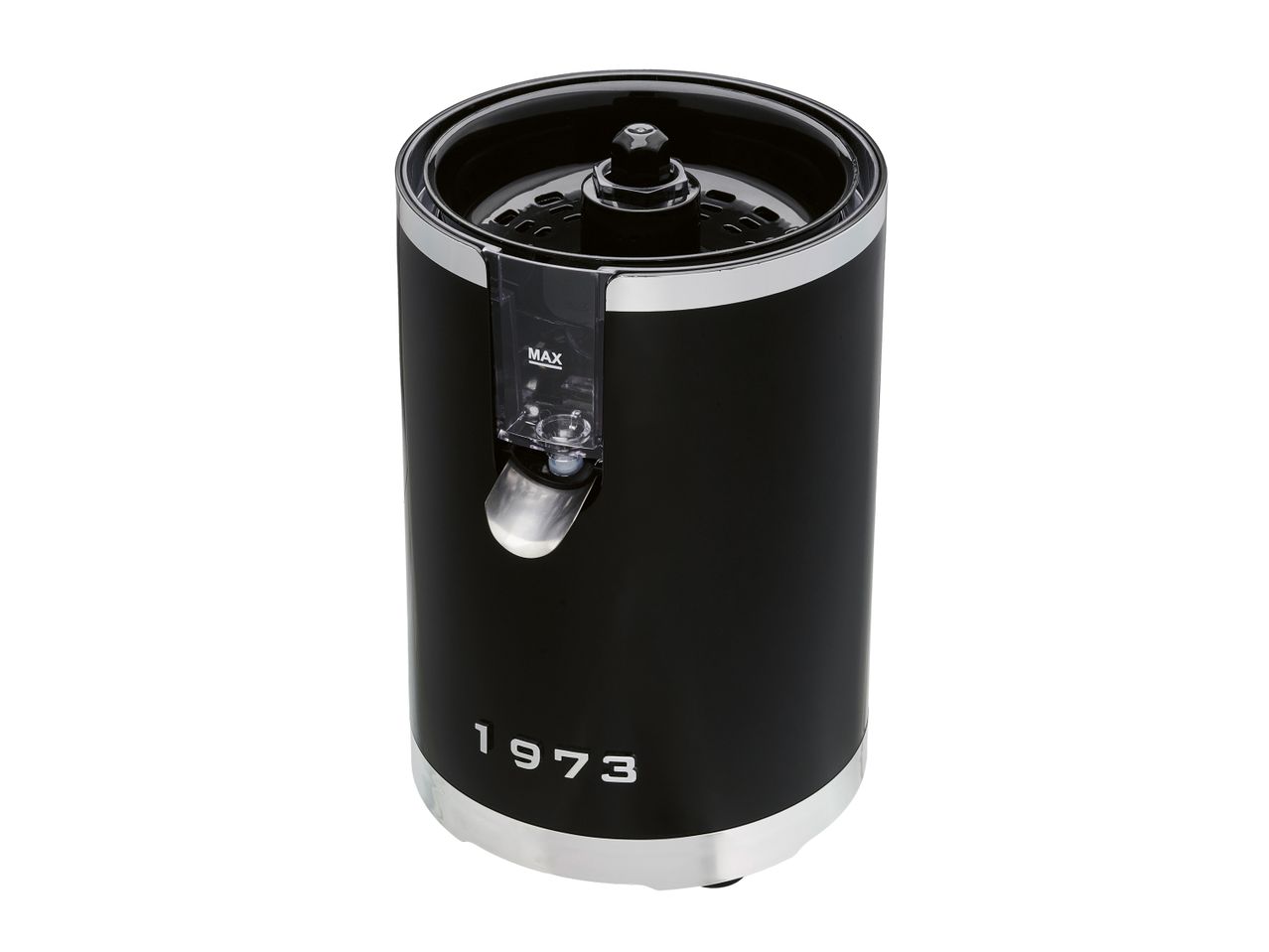 Black and silver juicer with a clear spout and '1973' embossed on the side.