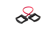 A red Crivit resistance band with black handles for fitness exercises.
