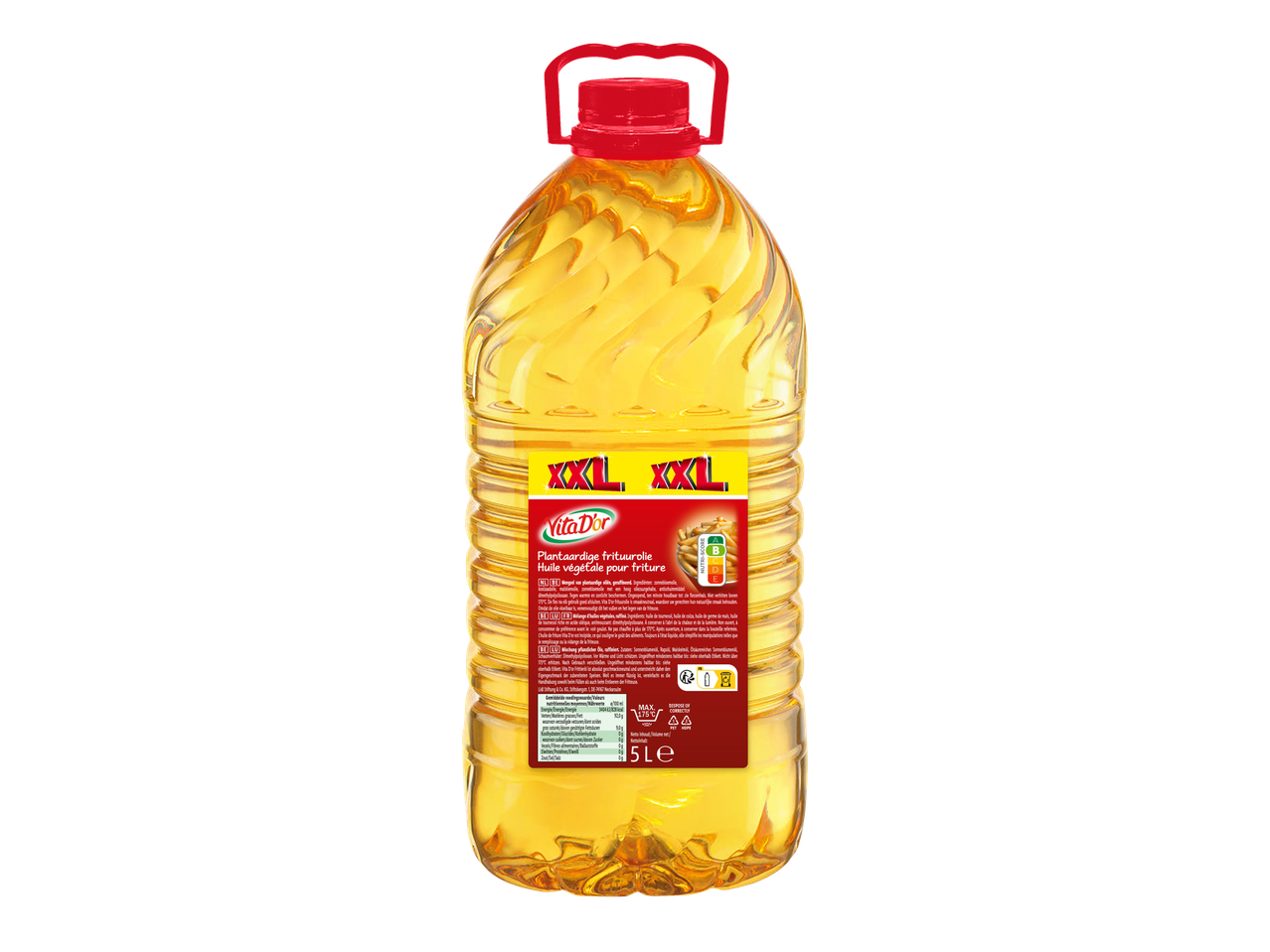Huile végétale de friture Vita D'or XXL en bouteille de 5L avec bouchon et poignée rouges.