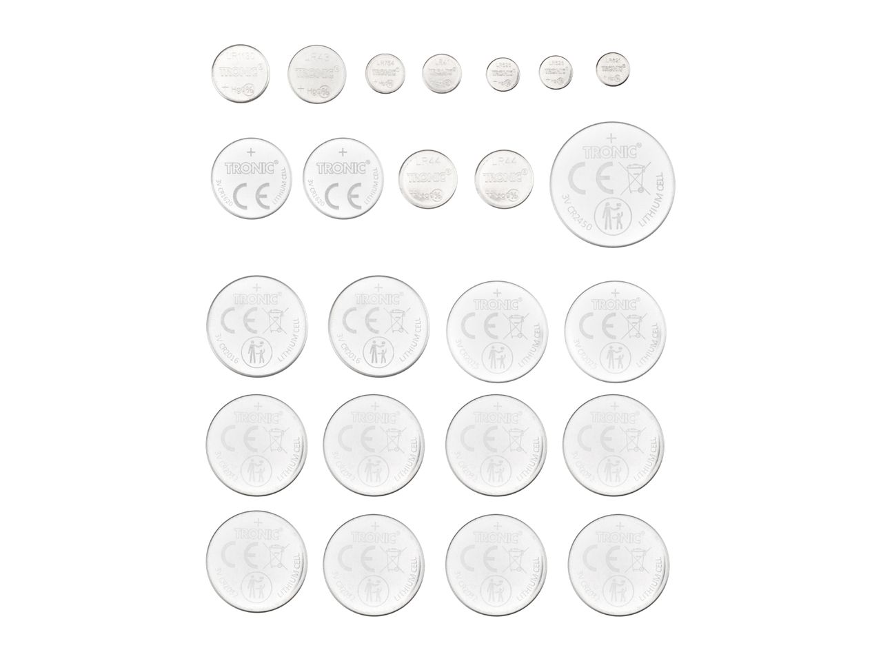 A variety of button cell batteries, including lithium and mercury-free types, in different sizes.