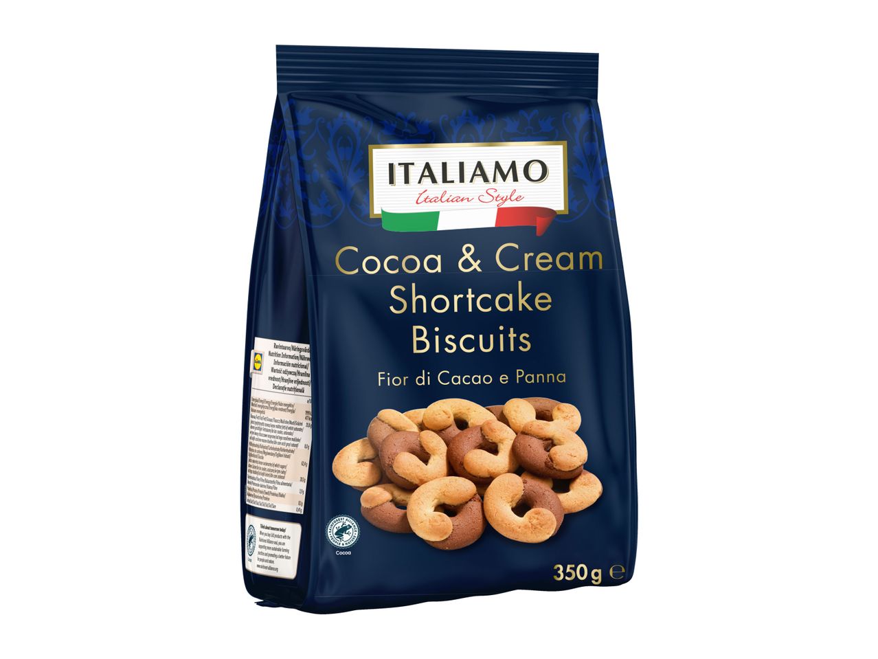 Italiamo Cocoa & Cream Shortcake Biscuits in a dark blue bag.
