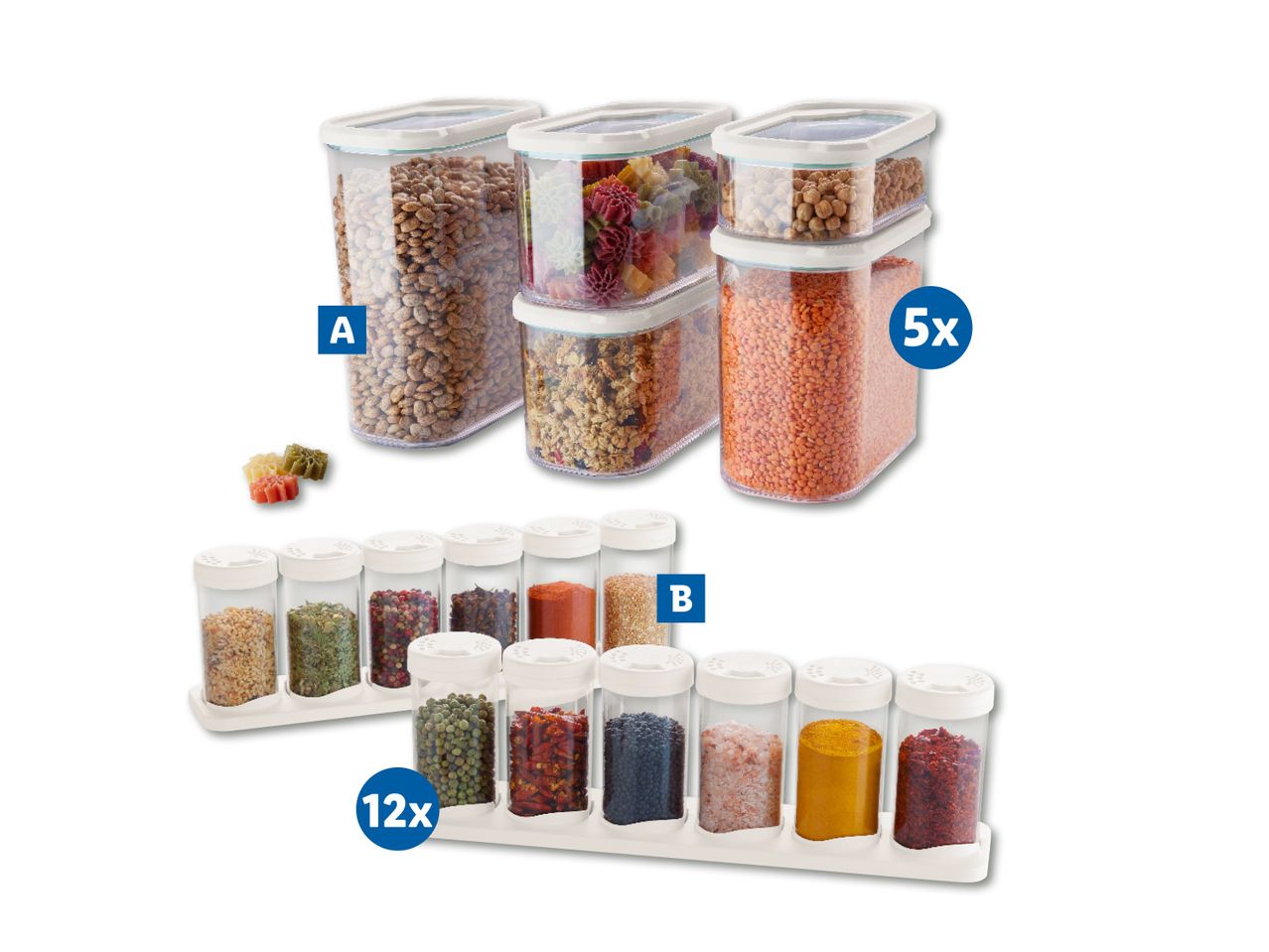 Plastikust mahutite ja vürtsipurkide komplekt.