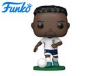 A collectible figurine of a dark-skinned male soccer player in a white and blue uniform with a soccer ball.