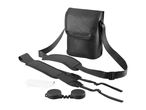 Black binoculars case with shoulder strap, neck strap, lens caps, and cleaning cloth.