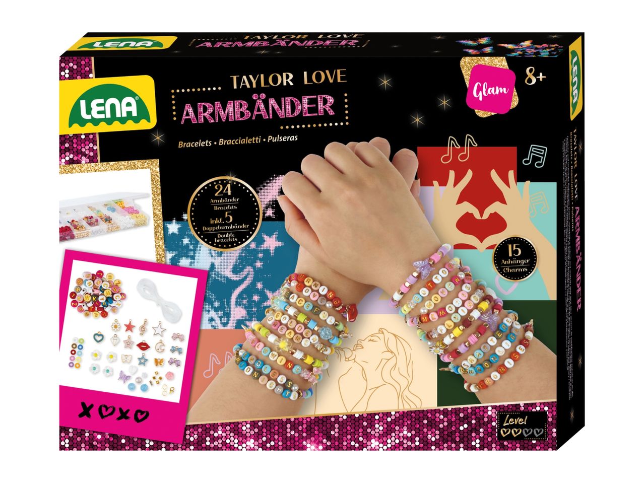 Bracelet making kit with beads, charms, and string, featuring a Glam theme for ages 8+.