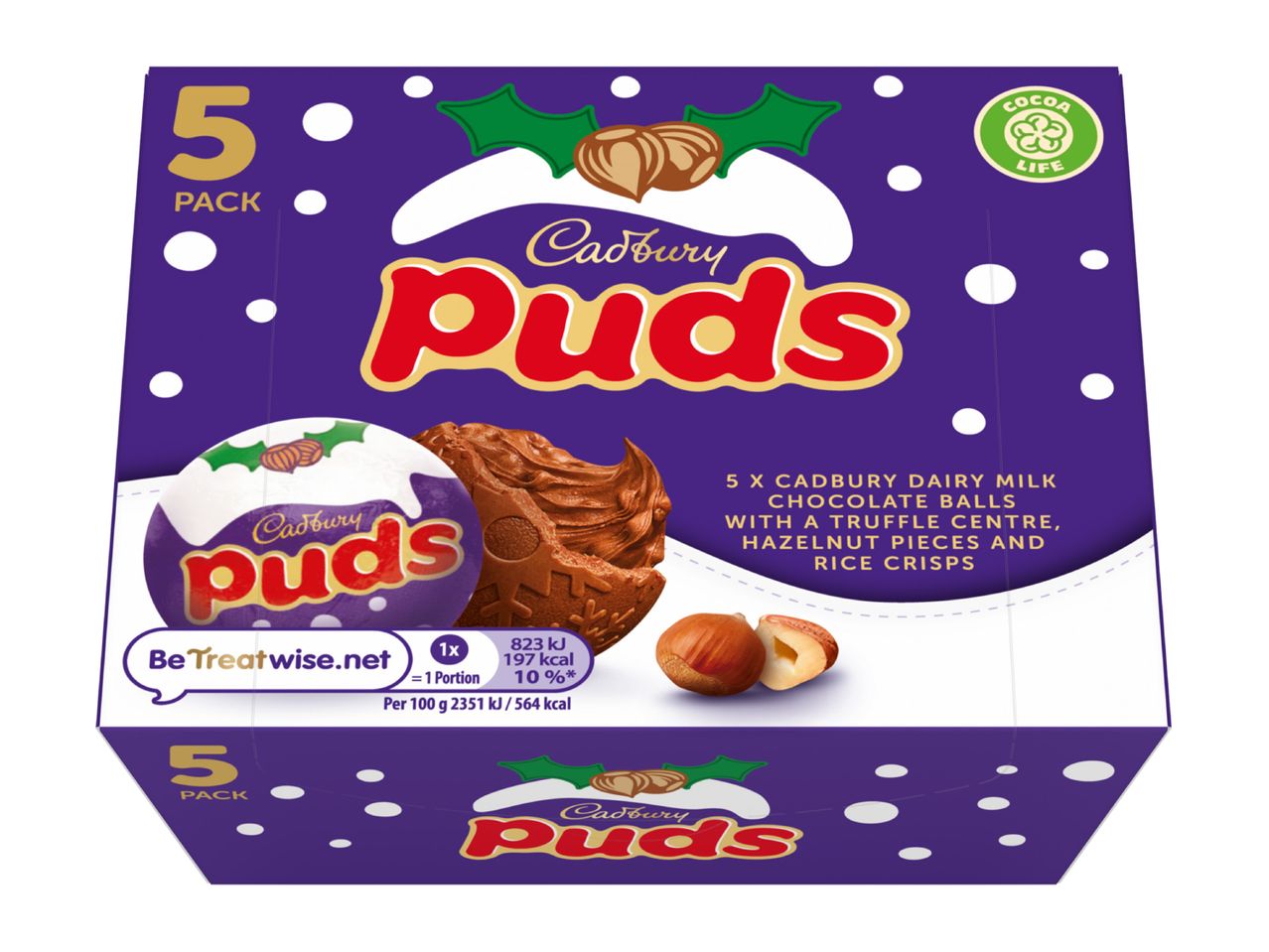 Five-pack of chocolate balls with truffle centers, hazelnut pieces, and rice crisps, in festive packaging.