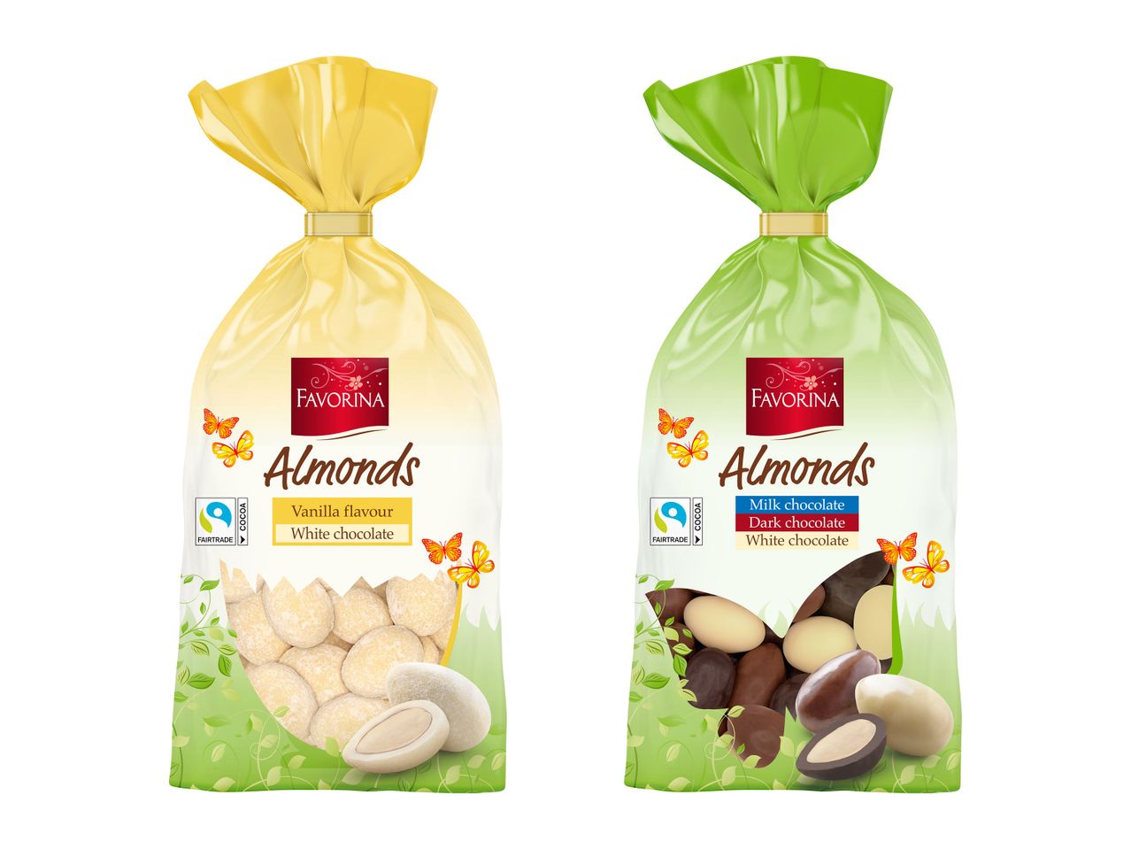 Două pungi de migdale glazurate, una cu aromă de vanilie și ciocolată albă, cealaltă cu ciocolată cu lapte, neagră și albă.