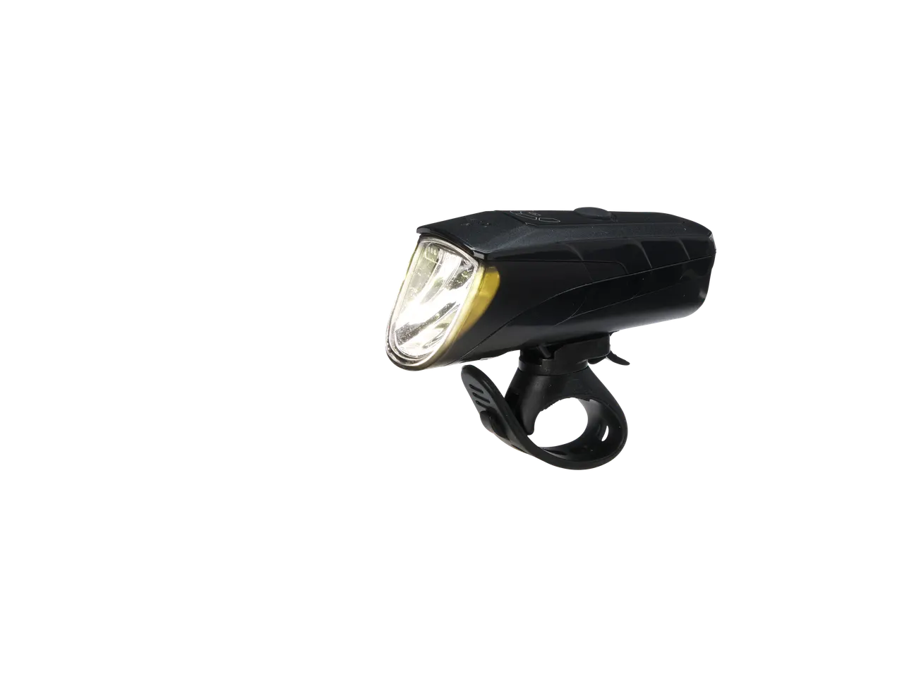 Luz de bicicleta preta com luz brilhante acesa, vista de lado.