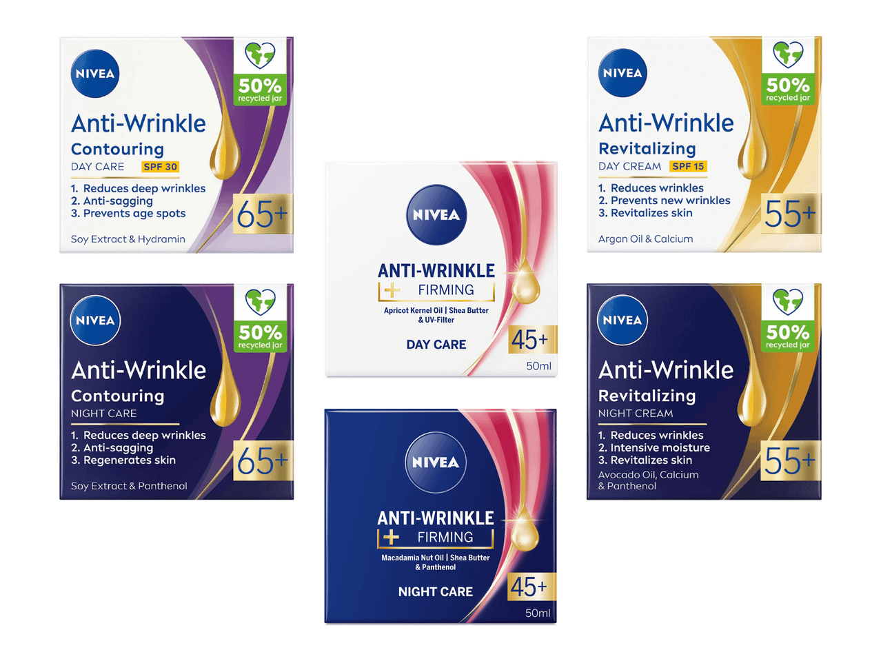 NIVEAn Anti-Wrinkle -sarjan päivä- ja yövoiteita sekä kiinteytyviä voiteita eri ihotyypeille.