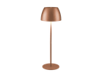 Kobberfarvet gulvlampe med en konisk lampeskærm og en rund base.