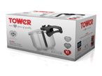 Tower 6 Litre Stainless Steel Pressure Cooker in its packaging, highlighting features and brand history.
