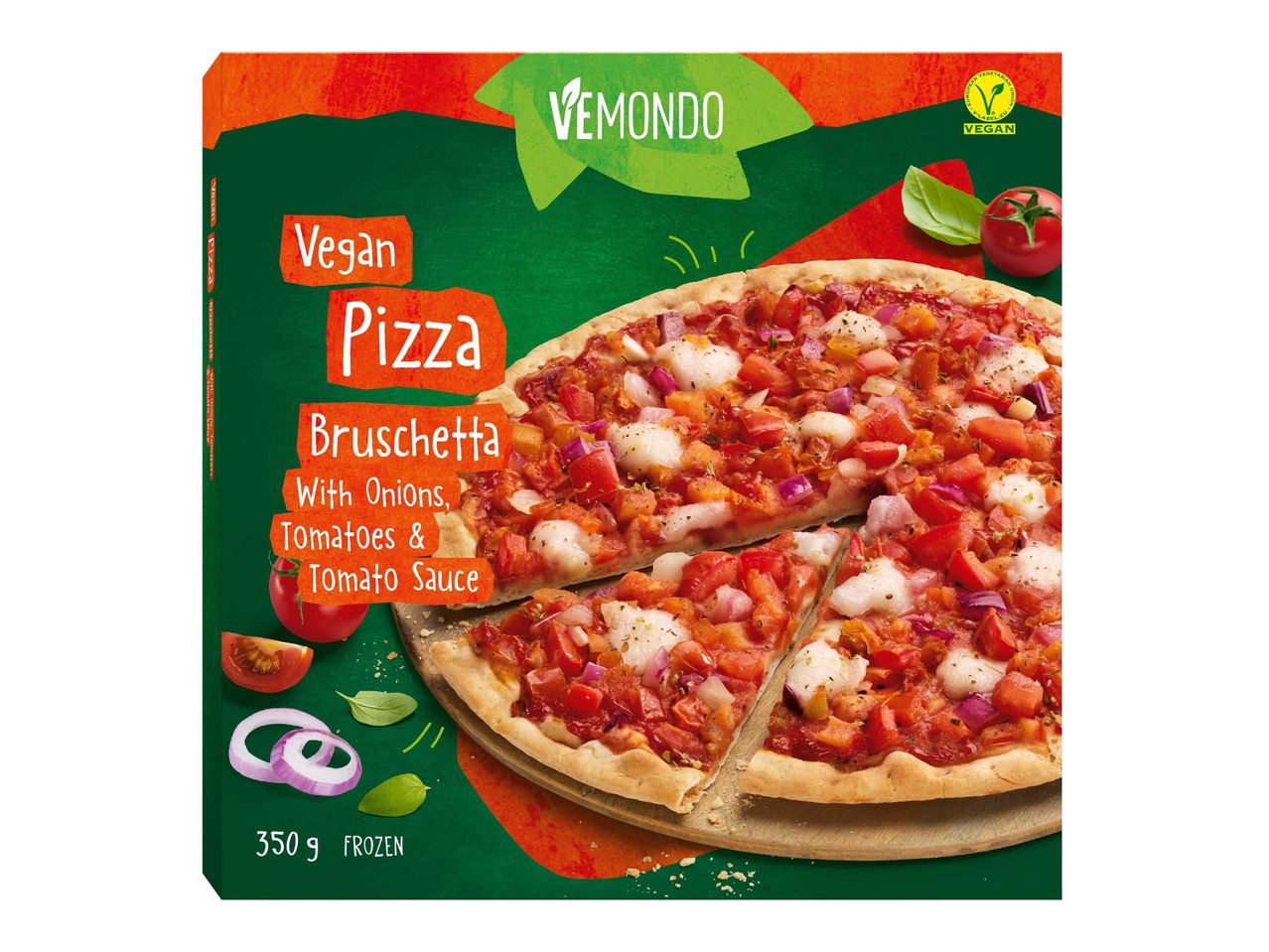 Vemondo vegán Bruschetta pizza: paradicsom, hagyma, 350g fagyasztott.