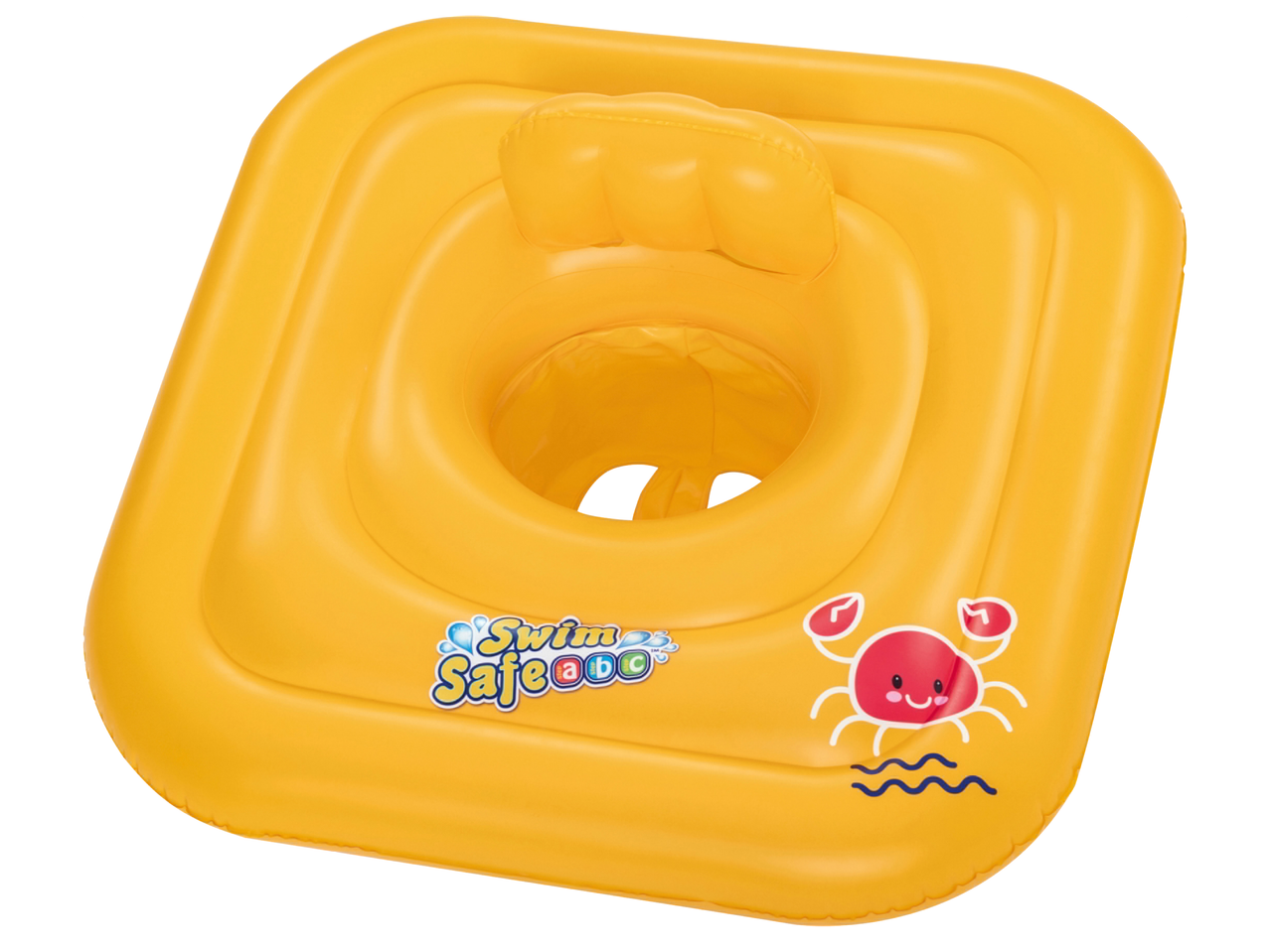 Жълт надуваем пояс за плуване за бебета с щампа на рак и надпис „Swim Safe ABC“.