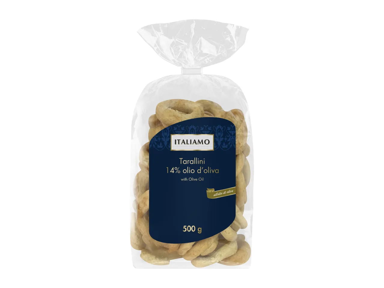 A clear plastic bag of tarallini with 14% olive oil, 500g, on a white background.