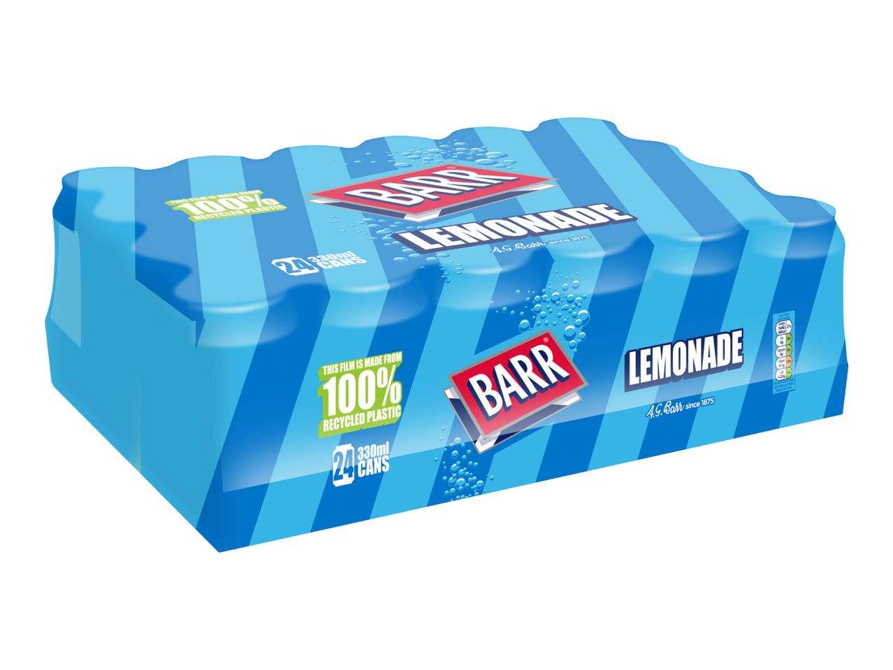 Barr Lemonade 24-pack of 330ml cans, made with 100% recycled plastic film.