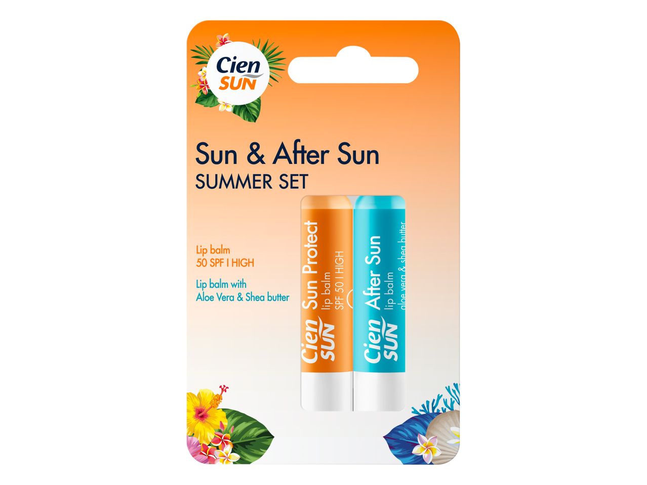 Set Cien Sun proizvoda za sunčanje i posle sunčanja, sa SPF 50 i aloe verom.
