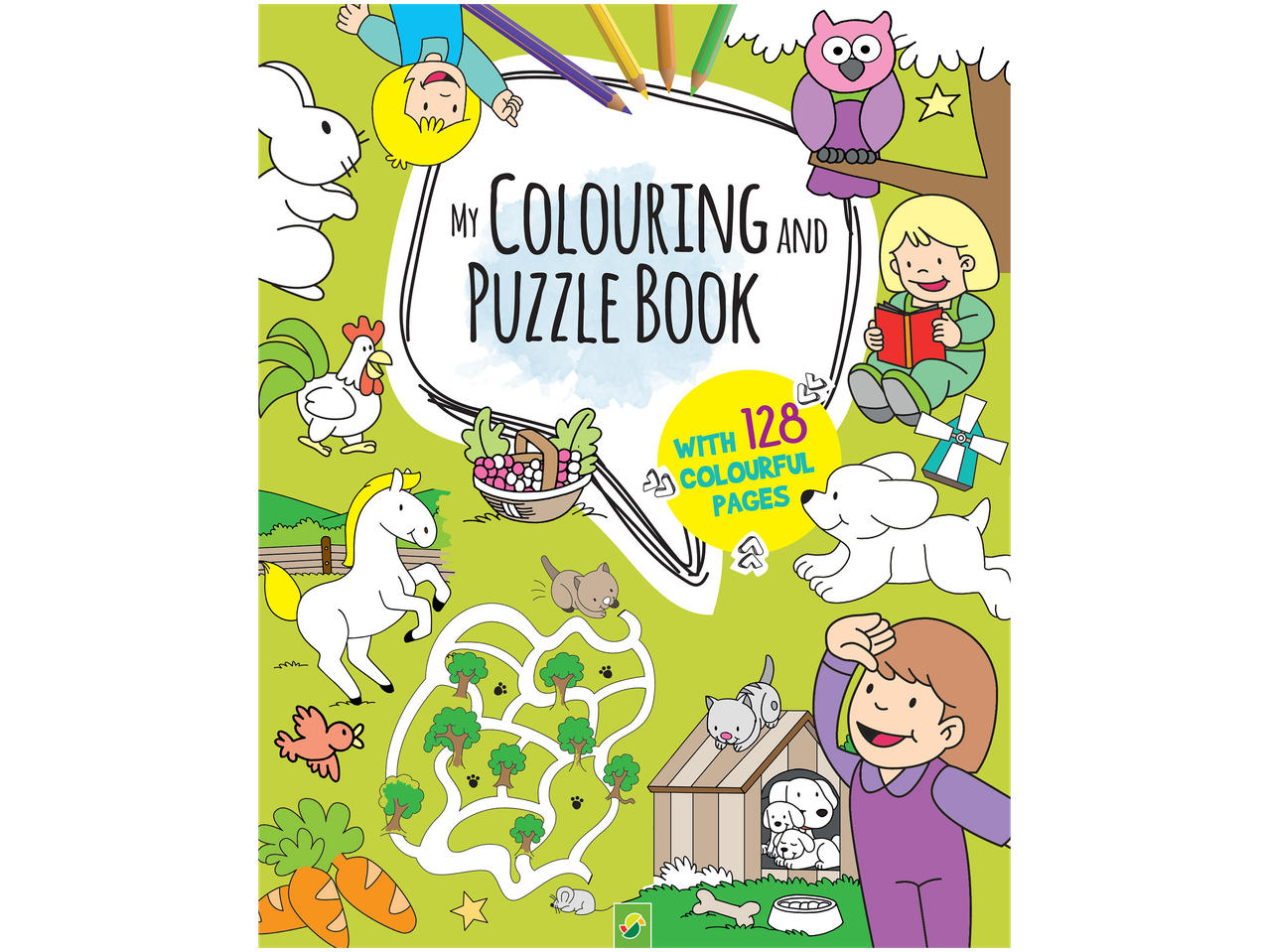 Colouring and Puzzle Book for children with various animals and activities, 128 colourful pages